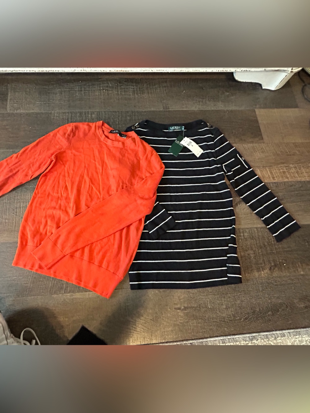 Pair of Ralph Lauren tops, Orange Crewneck and black/white stripe